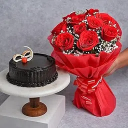 FlowerAura Premium Combo of Fresh Live 10 Red Roses Flowers Bouquet With Delicious 500g Chocolate Cake For Birthday | Anniversary | Valentine's Day | New Year | Christmas (Same Day Delivery)-picture-30