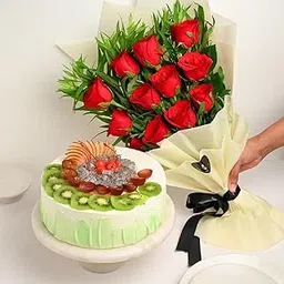 FlowerAura Premium Combo of Fresh Live 12 Red Roses Flower Bouquet With Delicious 500g Mix Fruit Cake For Birthday | Anniversary | Valentine's Day | New Year | Christmas (Same Day Delivery)-picture-37