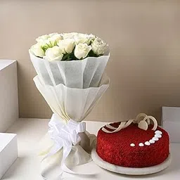 FlowerAura Premium Combo of Fresh Live 12 White Roses Flower Bouquet With Delicious 500g Red Velvet Cake For Birthday | Anniversary | Valentine's Day | New Year | Christmas (Same Day Delivery)-picture-35