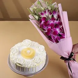 FlowerAura Premium Combo of Fresh Live 3 Purple Flower Bouquet With Delicious 500g Pineapple Cake For Birthday | Anniversary | Valentine's Day | New Year | Christmas (Same Day Delivery)-picture-36