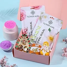 FlowerAura Premium Holi Celebration Hamper of 2 Floral Gulal, Mini Tikka Thali, Lord Ganesha Idol & Chandan Tikka in Box - 100% Organic Herbal Gulal | Skin Friendly Gulal | Easy to Remove from Skin-picture-22