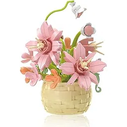 Flowers Building Blocks for Lego Flower, Creative Project for Desk and Flower Stand Decor, Perfect for Boys and Girls Includes Hibiscus Flower and Ladybug Figurine (Sunflower Basket (Pink Lily)-picture-12