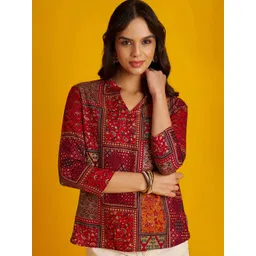 FLOWERVELLY Ethnic Motifs Printed Mandarin Collar Shirt Style Top-picture-15