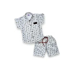 FLUEMART Boys Grey Floral Printed Half Sleeve Shirt Collar Causal Cotton Clothing Set-picture-24