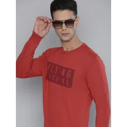 Flying Machine Men Rust Red Brand Logo Printed Pure Cotton Pullover-picture-27