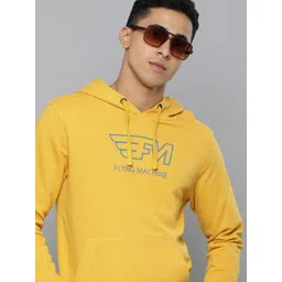 Flying Machine Men Yellow Printed Hooded Pure Cotton Sweatshirt-picture-17