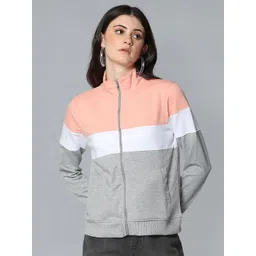 Flying Machine Women Grey & Peach-Coloured Colourblocked Front-Open Sweatshirt-picture-10