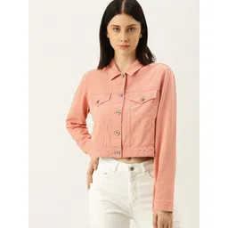 Flying Machine Women Peach-Coloured Solid Crop Pure Cotton Denim Trucker image 1