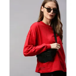 Flying Machine Women Red Solid Boxy Pullover Sweatshirt-image-43