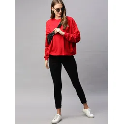 Flying Machine Women Red Solid Boxy Pullover Sweatshirt image 2