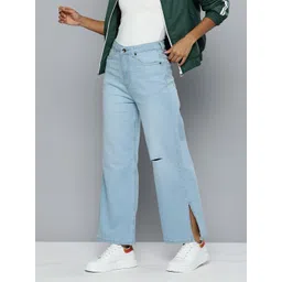 Flying Machine Women Wide Leg High-Rise Slash Knee Heavy Fade Stretchable Jeans-image-7