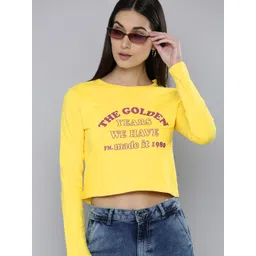 Flying Machine Women Yellow Lightweight Printed Pure Cotton Knitted Crop Sweatshirt-picture-39