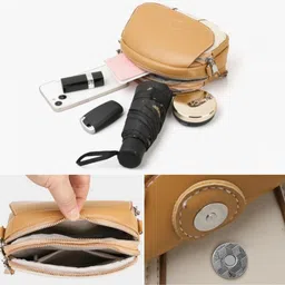 flymann Small Crossbody Handbag, Two-Tone Brown and Beige, 3 zipper compartments Vegan Leather Shoulder Bag with Adjustable Strap image 3