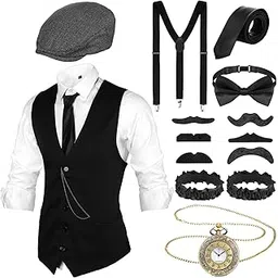 foaincore 1920s Mens Costume Accessories Set 1920s Mens Costume Vest Newsboy Hat Watch Tie-picture-45