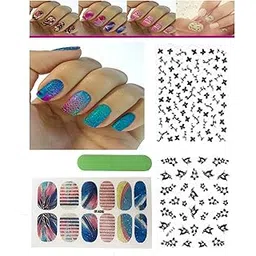 FOK Nail Sticker Combo Of 12 pc Self Adhesive Tip Nail Art Stickers With 2Pc 3D Nail Sticker Stencil Decals Stamping DIY Nail Decoration Tool Nailart Accessory For Home & Salon- Random Designs and Pattern-picture-52
