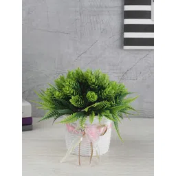 FOLIYAJ Green Artificial Plant With Fern Leaves Buds & White Pot-picture-24