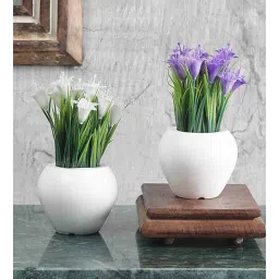 foliyaj Plastic Green Thin Long Leaves White And Dark Purple Lily Flowers With Pot Set Of 2 Artificial Plants-picture-18
