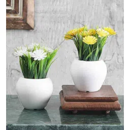 foliyaj Plastic Green Thin Long Leaves White And Yellow Gerbera Flowers With Pot Set Of 2 Artificial Plants-picture-17