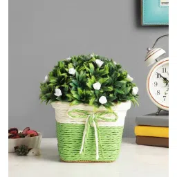 foliyaj Plastic With Thorny Green Leaves And Small White Flowers With Pot Artificial Plants-picture-16