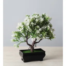 foliyaj Synthetic 3 Branched Bonsai Tree With Green Leaves And White Flowers With Pot Artificial Plants-picture-12