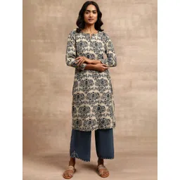 folk song W Off White & Blue The Folksong Collection Ethnic Motifs Printed Notched Neck Kurta-picture-19