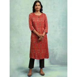 folk song W The Folksong Collection Red Black Ethnic Motifs Printed Keyhole Neck Kurta-picture-25