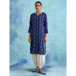 folk song W The Folksong Collection Women Blue Ethnic Motifs Printed Thread Work Cotton Kurta-picture-41