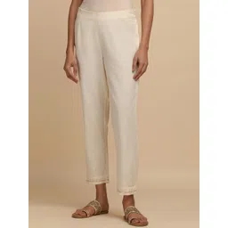 folk song W The Folksong Collection - Women Ecru Solid Cotton Slim Pants-picture-31