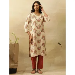 folksong W Beige Viscose Embroidered Straight Kurta-picture-34