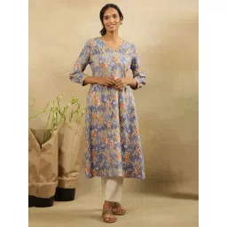 folksong W Light Blue Cotton Floral Print Flared Kurta-picture-15