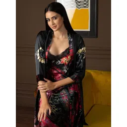 For You For Me Women Black & Red Satin Floral Printed Nightdress with Matching Robe-picture-36