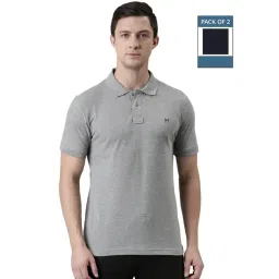 Force NXT Grey Melange & Dark Navy Cotton Regular Fit Polo T-Shirt-picture-30