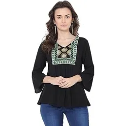 forelevy Women's Rayon Crepe Embroidery Short Top (TR23517, Black, XS)-picture-14