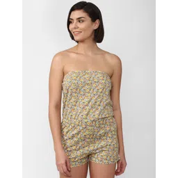 FOREVER 21 Women Olive Green & Yellow Floral Printed Cotton Off-Shoulder Playsuit-image-35