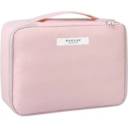 FORKLS Portable Travel Makeup Bag for Women & Girls | Large Capacity Cosmetic Organizer Pouch with Zipper | Toiletry & Brush Storage Case | Lightweight Travel Cosmetic Bag 6.4 x 9 x 3.1 Inches (Pink) image 1