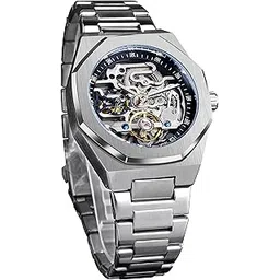 forsining Vintage Watch for Men Engraved Automatic Self-Wind Mechanical Big Dial Luminous Moon Phase Golden Hollow Tattoo Pattern Wrist Watches, Mechanical-picture-13