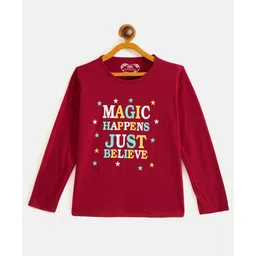 Fort Divine Cotton Knit Full Sleeves Magic Happens Just Believe Text Printed Tee - Maroon-picture-2