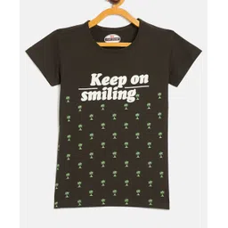 Fort Divine Cotton Lycra Knit Half Sleeves Keep On Smiling Text Printed Tee - Olive Green-picture-12