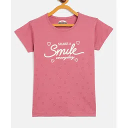Fort Divine Cotton Lycra Knit Half Sleeves Share Smile Text & Heart Printed Tee - Brick-picture-32