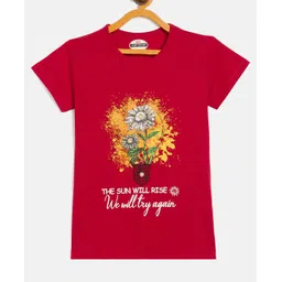 Fort Divine Cotton Lycra Knit Half Sleeves The Sun Will Rise Text Printed Tee - Red-picture-3