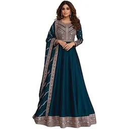 Forteo Fashion Hub Teel Blue Anarkali Gown with Duppata Set for Women, Chinnon Fabric -Designer Wedding and Festival Gown-picture-48