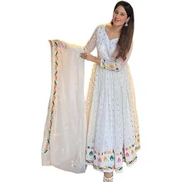 forteo Womens Sequence with Embroidery Work Fox Georgette Maxi Dress Ethnic Wear Comfortable Round with V Neck Gown with Dupatta & Pant Pair (O_M_G_56170)-picture-12