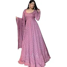 forteo Womens Sequence with Thread Embroidery Georgette Maxi Dress Ethnic Wear Comfortable Round Neck Gown with Dupatta Pair (O_M_G_56115_Purple_Free Size)-picture-15