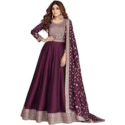 Forteo Women Anarkali Embrodary Work Gown with Duppata Set // Festival Special Anarkali Gown with Duppata Set (Free Size, Chinnon Fabric) Purple-picture-36