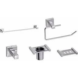 fortune Combo of 5 - Piece Bathroom Accessories Set Towel Rod/ Napkin Ring/ Soap Dish/ Tumbler Holder/ Robe Hook Silver Towel Holder-picture-13