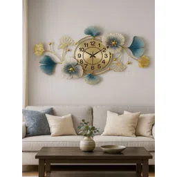 FOUR DECOR COMPANY Gold-Toned & Teal Decorative Wall Clock with Metal Ginkgo Leaves-picture-49