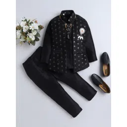 Fourfolds Boys Black Embellished Full Sleeves Indo Blazer with Pants-picture-12