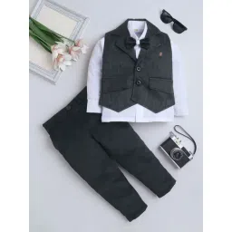 Fourfolds Boys Black Regular Fit Jacquard Print Suit Set-picture-23