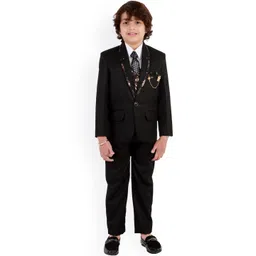 FOURFOLDS Boys Black Solid 5-Piece Single-Breasted Partywear Suit-picture-53