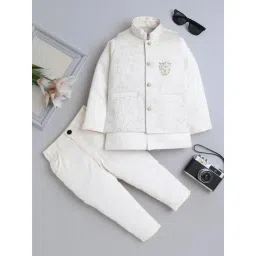 Fourfolds Boys Cream Embroidered Regular Fit Indowestern Set-picture-10